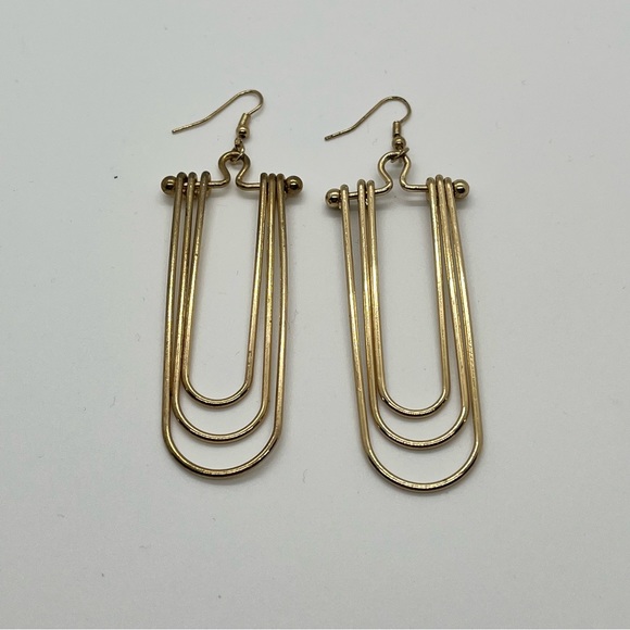 Gold Tone Nested Curve Wire Earrings Gear head Statement Dangle Pierced - Picture 3 of 7